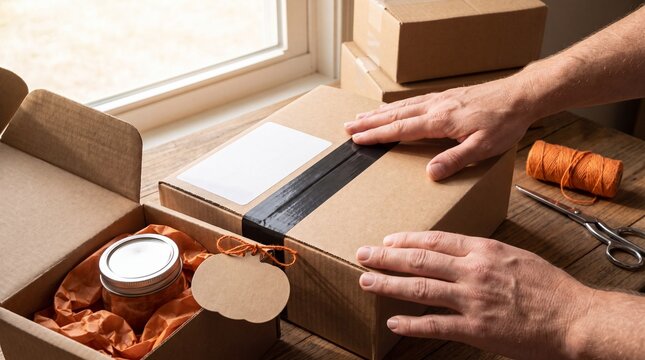 Small business owner packing a Halloween seasonal order