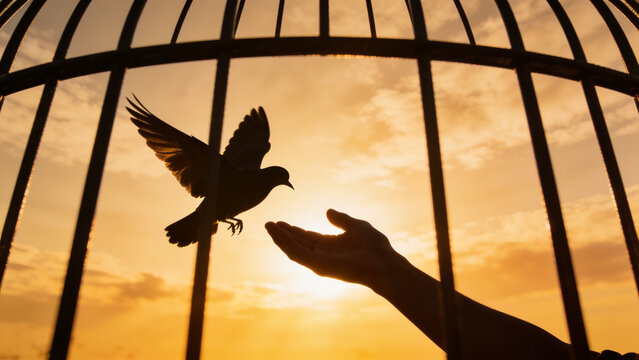 Small bird flying toward human hand from inside open metal cage against golden sunset light background