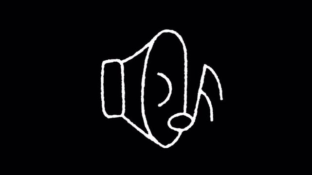 Animated white hand drawn speaker icon appearing on black background.
