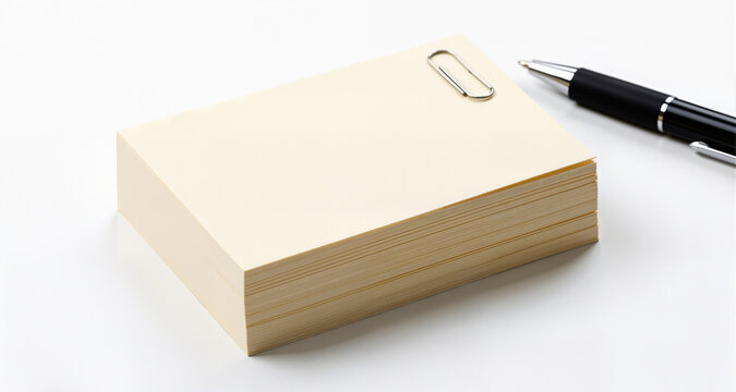 Stack of blank cream colored index cards with a black pen and paperclip on a clean white background for study and organization
