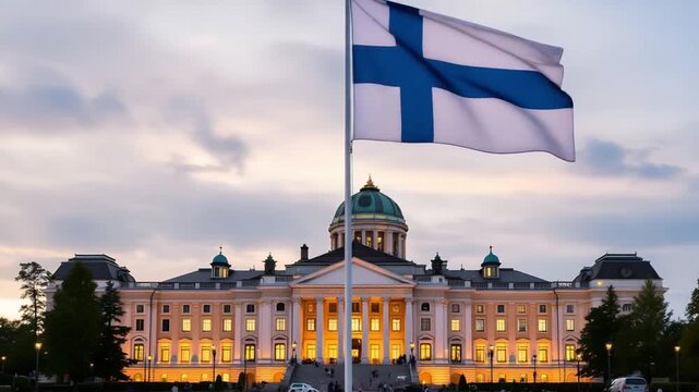 Waving flag of finland in front of a grand illuminated building