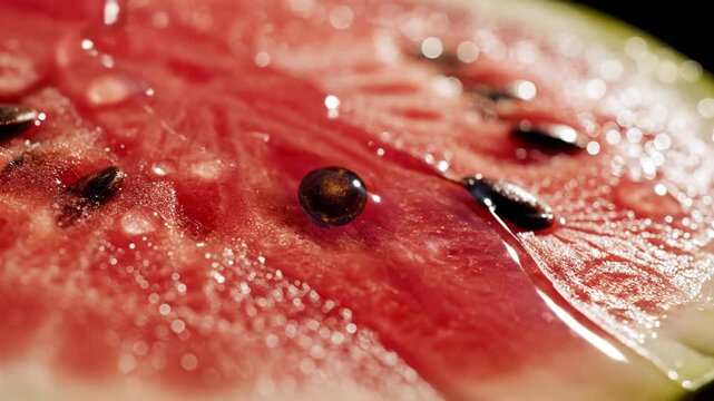 Close-up of fresh red watermelon slice with glistening water droplets and seeds