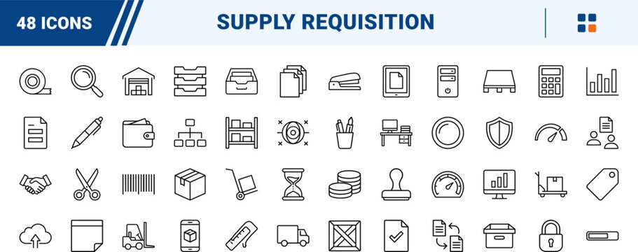 Supply Request Form line icon set. Vector pictograms of document, inventory, logistics, and office elements, thin linear illustration.