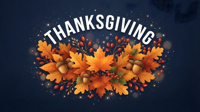 Thanksgiving holiday banner with autumn maple leaves, acorns, and berries on a dark blue background with sparkling light effects