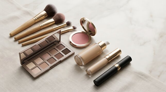 Professional makeup brushes and cosmetics set for beauty products on a flat surface. simple makeup tutorial