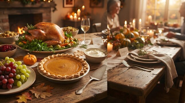 Traditional thanksgiving dinner table with roasted turkey, pumpkin pie, grapes, and autumn decorations in a cozy home setting with a fireplace