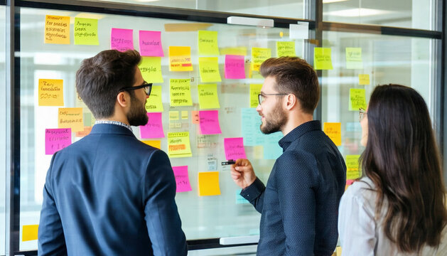 Business people analyzing colorful sticky notes on glass wall during agile planning session