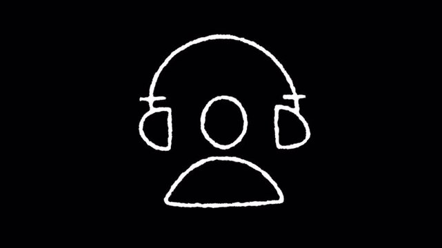 Minimalist hand drawn line art animation of a person wearing headphones on black background.