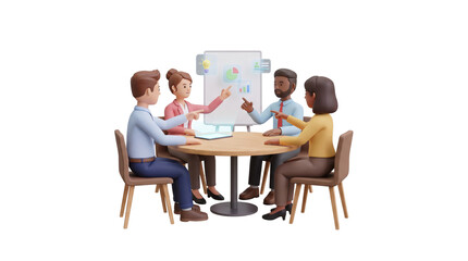 Fototapeta premium Diverse team collaborating around a table with a whiteboard presentation.