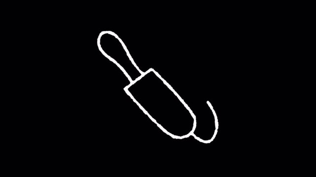Minimalist White Line Art Icon of a Kitchen Rolling Pin on Black Background.