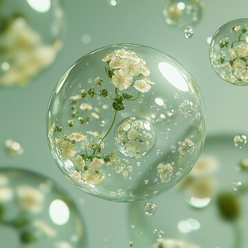 Delicate white flowers encapsulated in transparent bubbles on soft green background