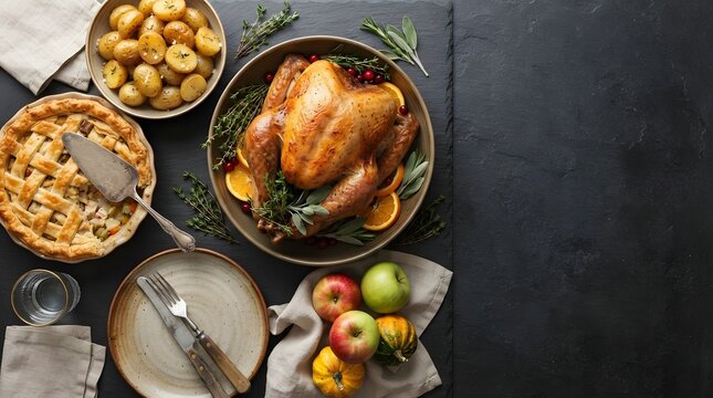Top view of a thanksgiving feast with roasted turkey, savory pie, roasted potatoes, and fresh apples on a dark rustic background
