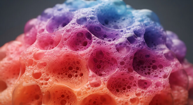 Abstract macro close-up of colorful porous foam texture with pink, orange, and blue gradient