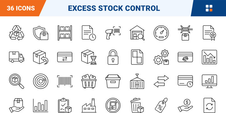 Dead Stock Management line icon set. Vector pictograms of inventory, warehousing, clearance, and supply chain elements, thin linear illustration.