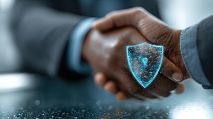 Fototapeta premium Professional handshake over glass office desk with holographic shield icon representing secure business partnership and data protection agreement