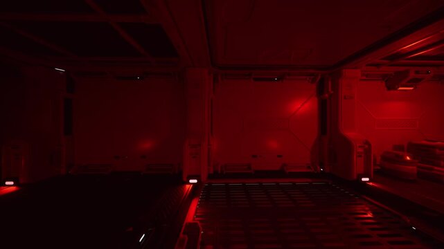 red lit industrial hangar with moody ambient lighting and empty cargo grid floor, tense atmosphere with emergency beacons, metal beams, shadowed corners,