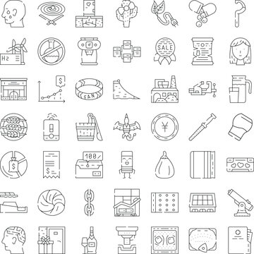 Diverse set of minimal linear stroke icons depicting modern concepts, objects and symbols for web, mobile and ui designblack and white editable vectors for branding, tech, business
