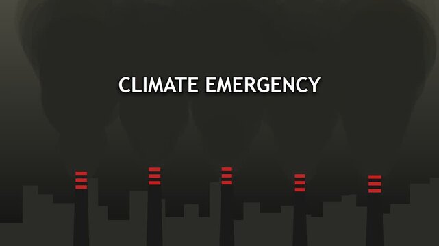 Climate emergency text with smoking city factory