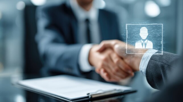 Professional human resources manager interviewing candidate in glass office with holographic resume profile icon recruitment and hiring concept