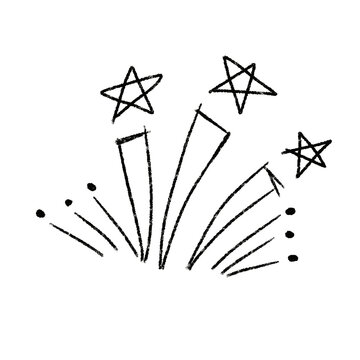 Black ink sketch of stylized fireworks with star shapes and radiating lines. Simple hand-drawn illustration.