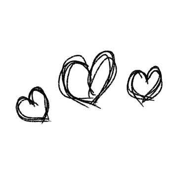 Hand-drawn black ink sketch of three hearts on plain white background. Simple sketch style with varying heart sizes