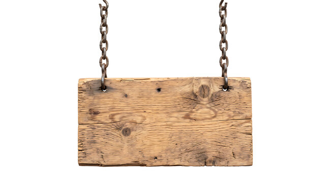 Weathered wooden sign with metal chains hangs against a white background