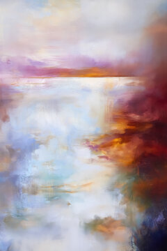 Abstract artwork capturing a serene horizon with warm light illuminating the sky and water, creating an expressive and atmospheric scene