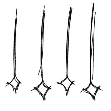 Four sketchy, hand-drawn dangling pendant designs with star-shaped bases, black ink on white background