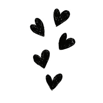Five black sketch hearts float downward on plain white background. Simple hand-drawn hearts in charcoal texture