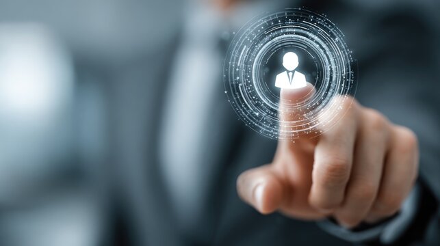 Professional human resources manager interviewing candidate in glass office with holographic resume profile icon recruitment and hiring concept