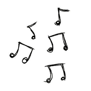 Hand-drawn musical notes scattered in loose sketch style on plain white background