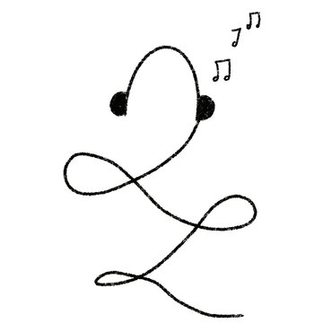 Black ink sketch of headphones with musical notes floating above. Doodle style lines form abstract human shape