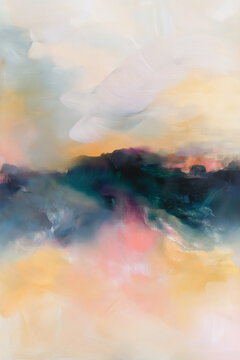 Abstract painting showing a colorful landscape or seascape. Soft brushstrokes creating a dreamlike, hazy atmosphere with gentle light