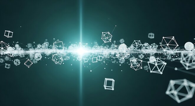 Abstract digital network with glowing light and interconnected geometric shapes