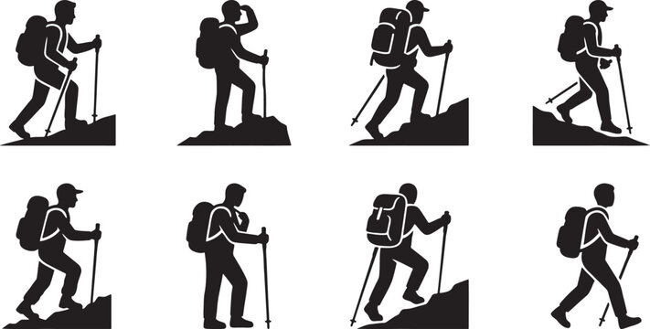 Mountain hikers and backpackers trekking uphill with trekking poles