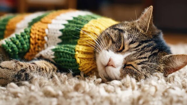Cute tabby cat wearing a cozy knitted sweater sleeping peacefully on a soft rug.