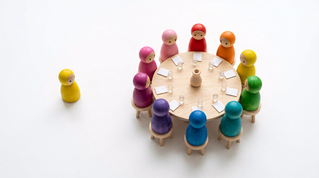 A group of colorful wooden figures are seated around a circular table, seemingly in a meeting or discussion, while a single yellow figure sits apart, symbolizing isolation or exclusion.