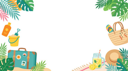 Fototapeta premium Bright tropical summer frame background with beach accessories, leaves, suitcase, hat, and lemonade surrounding copy space.