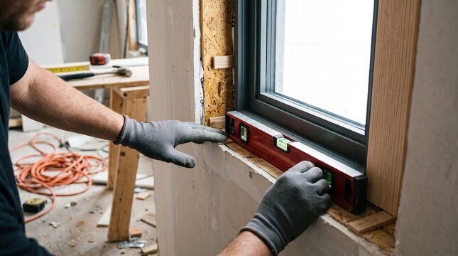 Professional carpenter installing window with spirit level. Construction worker measuring window frame alignment. Home renovation and carpentry work.