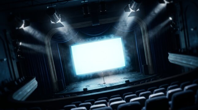 Empty theater stage with bright blank screen showcasing dramatic spotlights, atmospheric stage haze and empty auditorium seats, concept for movie premiere and entertainment event
