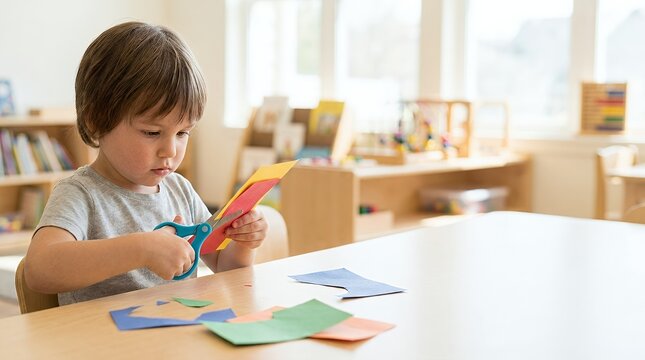 A young toddler boy using safety scissors to cut colorful construction paper in a classroom.