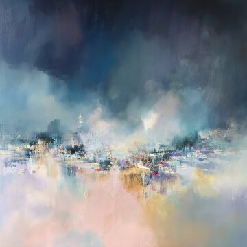 Abstract oil painting featuring a city skyline reflecting on a peaceful body of water under a dramatic evening sky, blending light and shadow