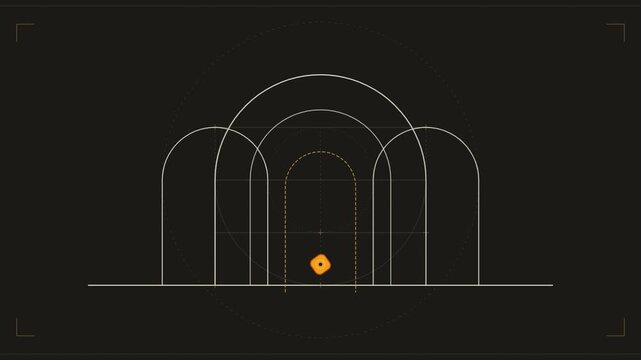 Abstract motion graphics animation with orange glowing sphere moving along arch lines