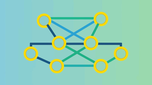 Abstract digital network structure with interconnected yellow nodes and blue lines representing deep learning concepts
