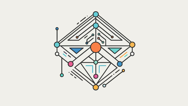 Complex Geometric Pattern with Intersecting Lines and Colorful Nodes on a Light Background