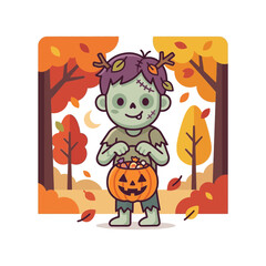 Fototapeta premium Cute cartoon zombie trick-or-treating with a pumpkin bucket full of candy, surrounded by autumn trees and falling leaves, isolated on transparent background
