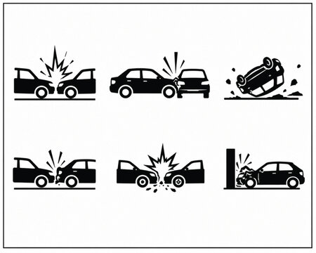 Car accident icon set, vehicle crash pictograms for insurance and safety, 6 black vector silhouettes of auto collisions