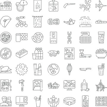 Set of modern linear icons, diverse outline pictograms for web and mobile ui covering technology, food, tools, business, travel, health, security, environment, and abstract concepts