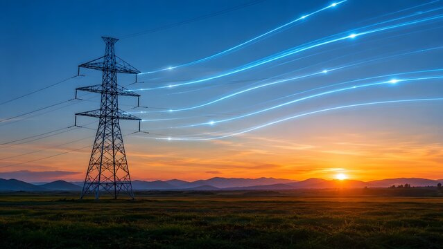 Futuristic smart grid technology visualizes digital data streams flowing through high voltage transmission power lines over a rural landscape at sunset