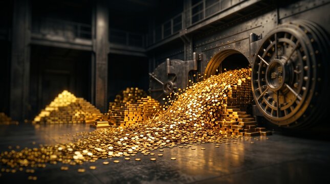 Bank vault door with overflowing gold coins and bullion showcasing massive gold stacks, open heavy metal door and scattered treasures, concept for financial security and extreme wealth